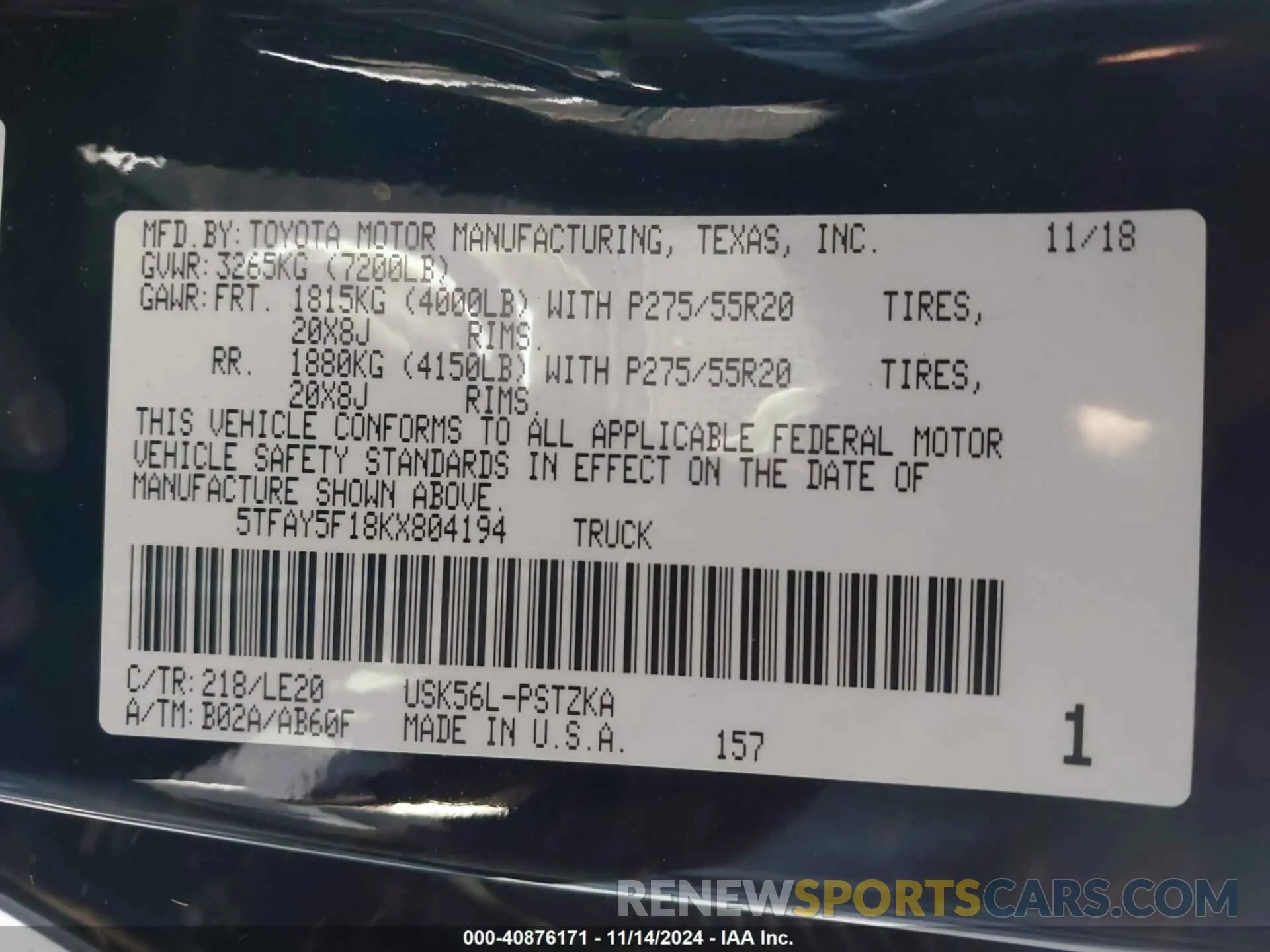 9 fotografías del automóvil dañado 5TFAY5F18KX804194 TOYOTA TUNDRA 2019