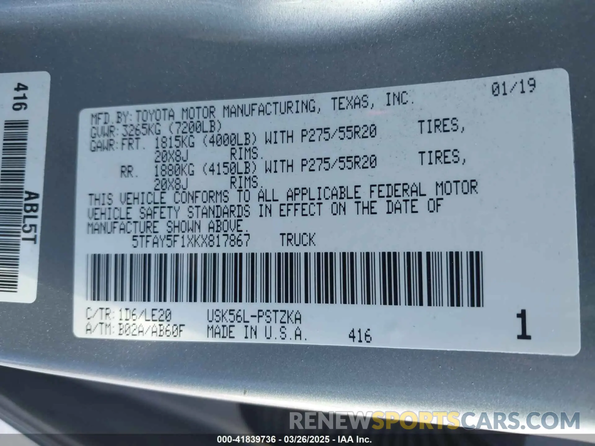 9 fotografías del automóvil dañado 5TFAY5F1XKX817867 TOYOTA TUNDRA 2019