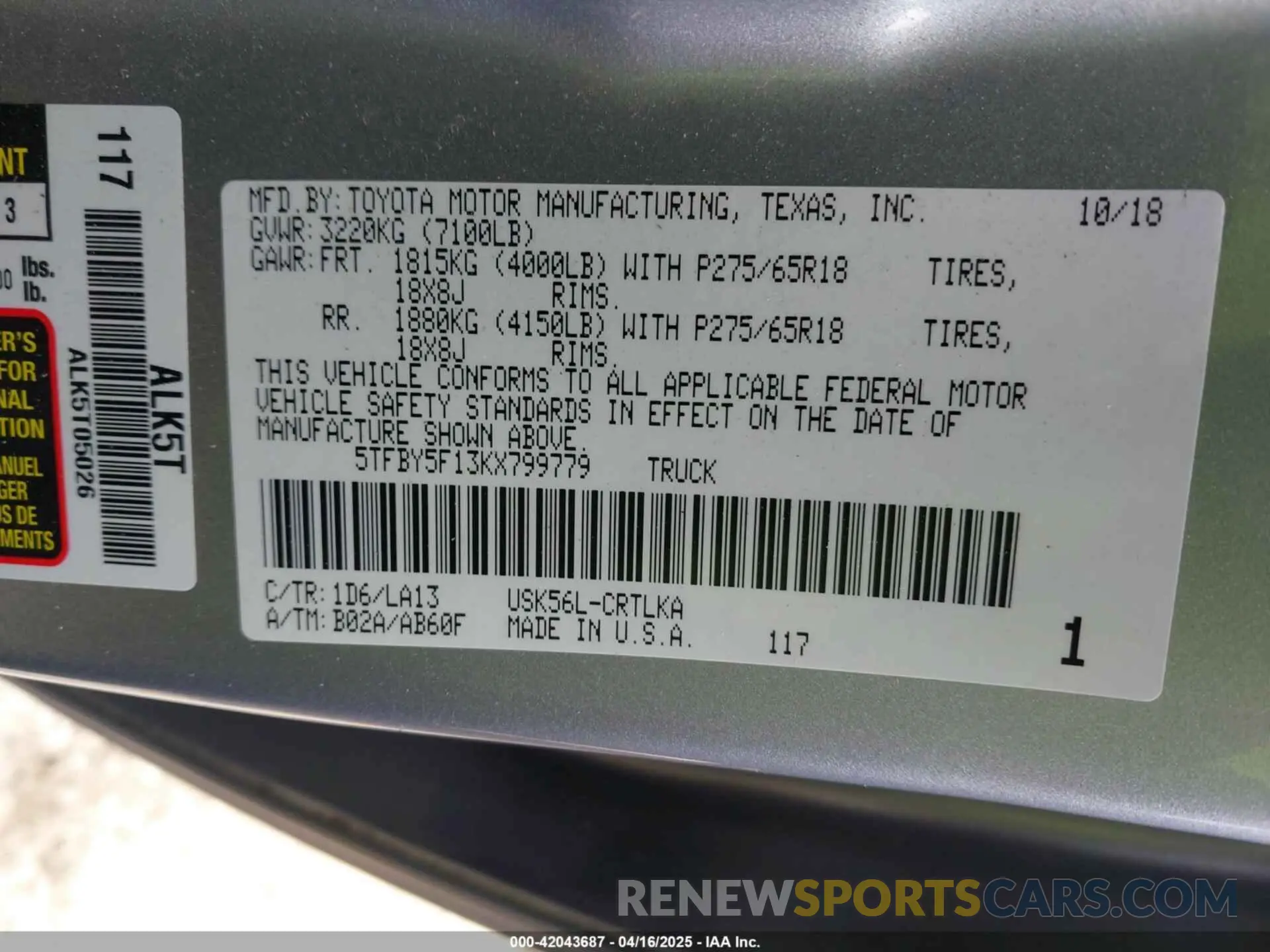 9 fotografías del automóvil dañado 5TFBY5F13KX799779 TOYOTA TUNDRA 2019