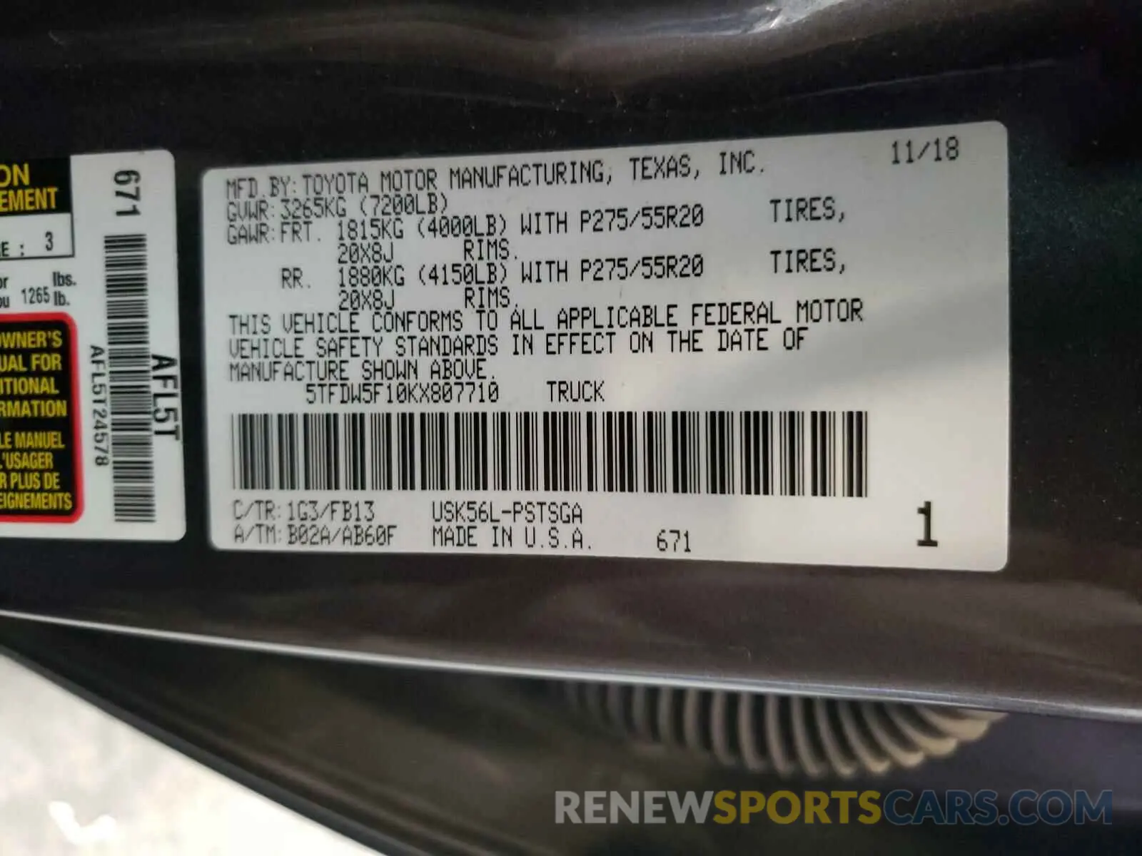 10 fotografías del automóvil dañado 5TFDW5F10KX807710 TOYOTA TUNDRA 2019