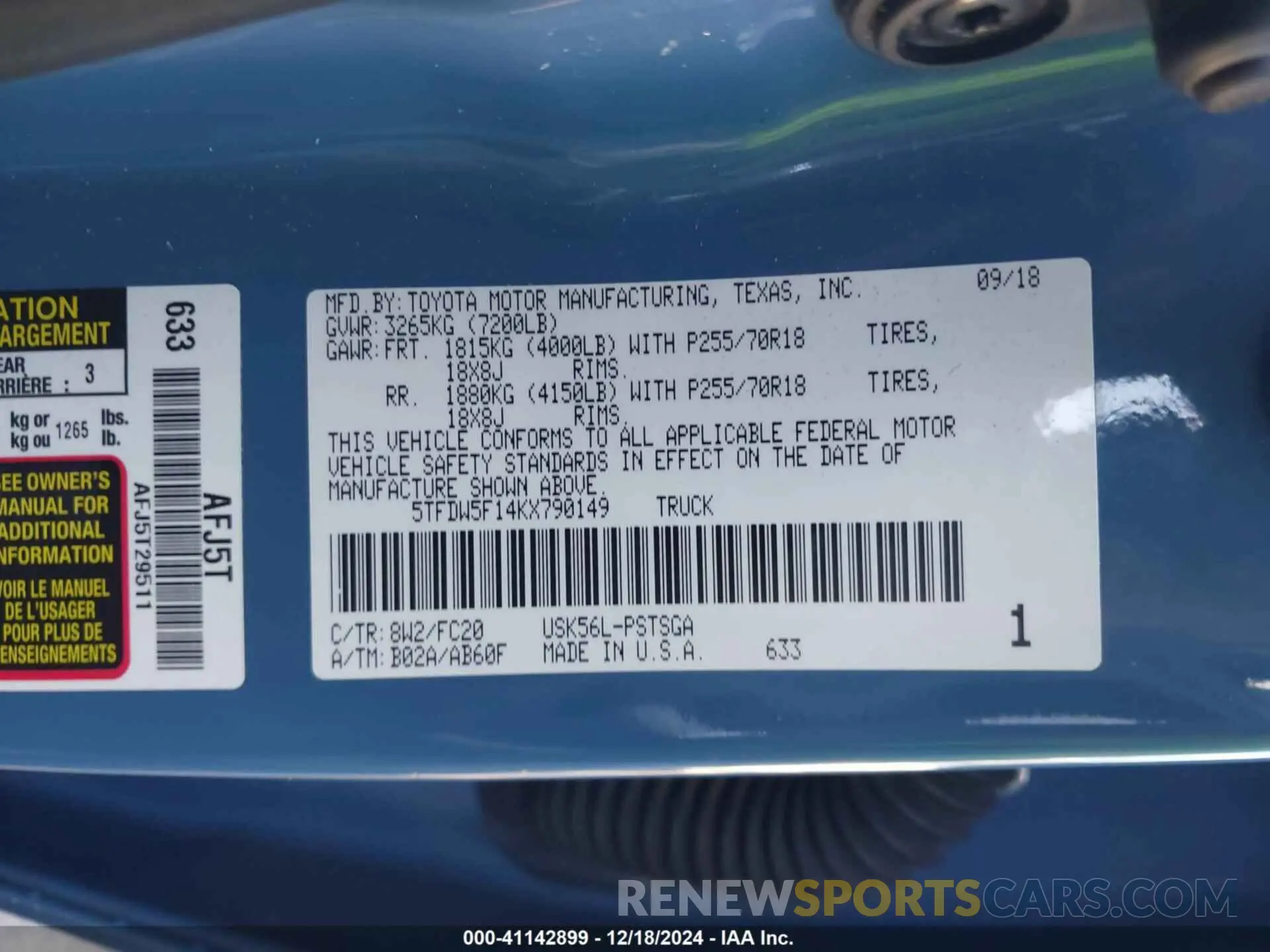 9 fotografías del automóvil dañado 5TFDW5F14KX790149 TOYOTA TUNDRA 2019