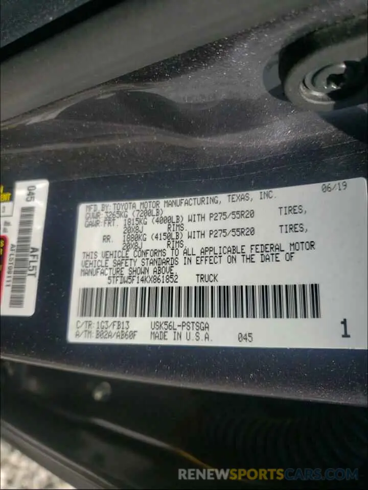 10 fotografías del automóvil dañado 5TFDW5F14KX861852 TOYOTA TUNDRA 2019