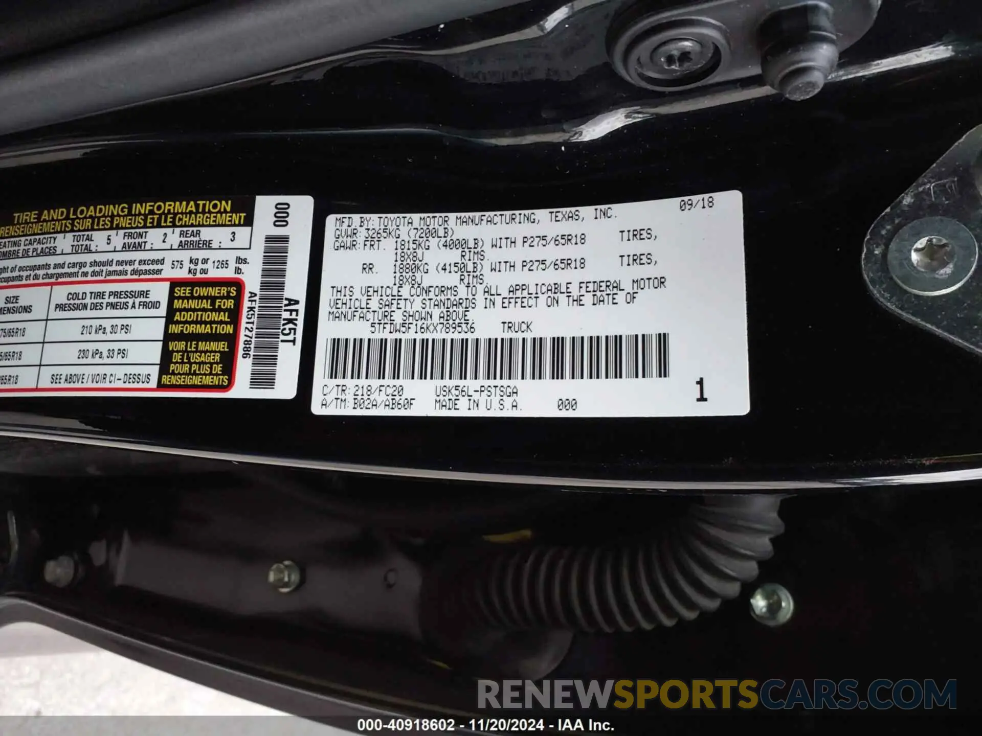 9 fotografías del automóvil dañado 5TFDW5F16KX789536 TOYOTA TUNDRA 2019