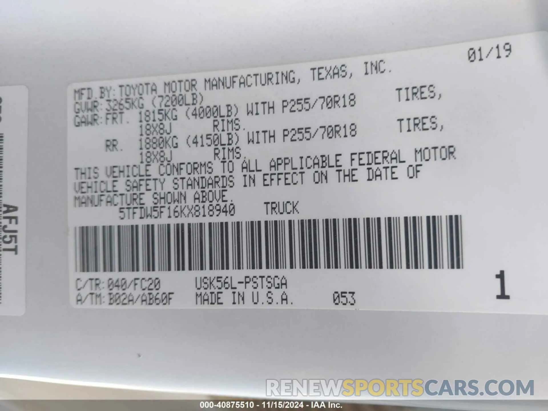 9 fotografías del automóvil dañado 5TFDW5F16KX818940 TOYOTA TUNDRA 2019