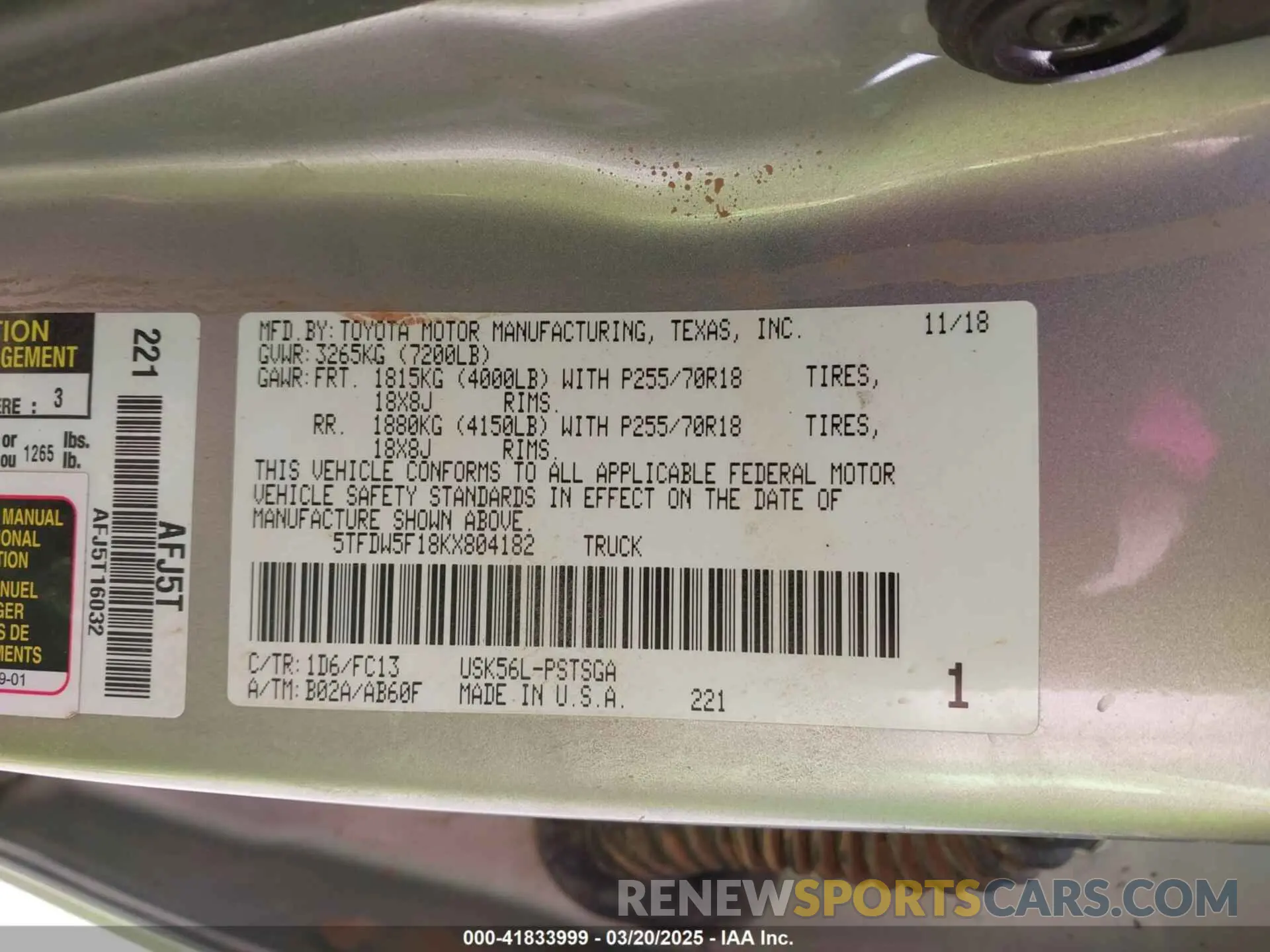 9 fotografías del automóvil dañado 5TFDW5F18KX804182 TOYOTA TUNDRA 2019