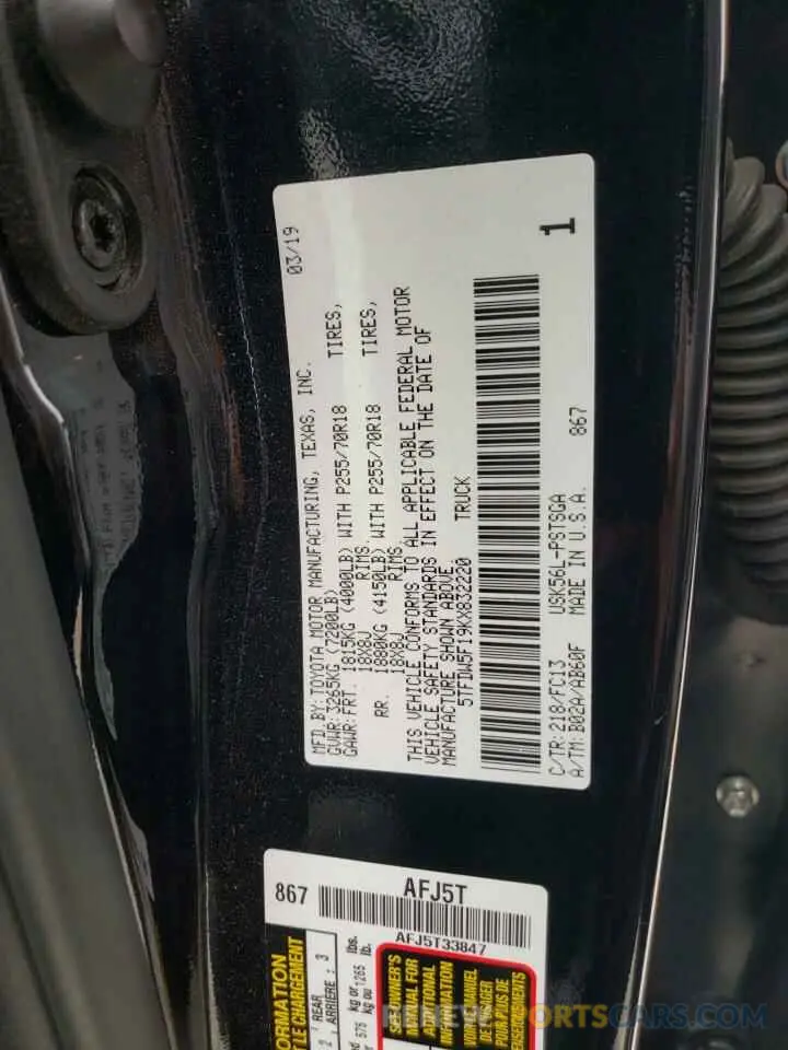10 fotografías del automóvil dañado 5TFDW5F19KX832220 TOYOTA TUNDRA 2019