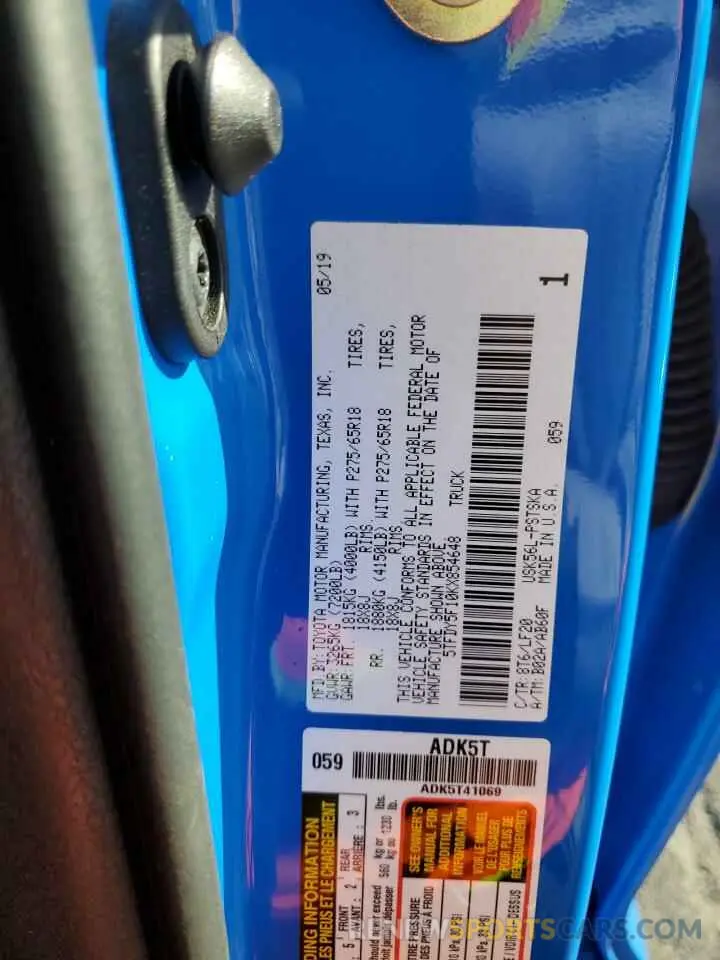12 fotografías del automóvil dañado 5TFDY5F10KX854648 TOYOTA TUNDRA 2019