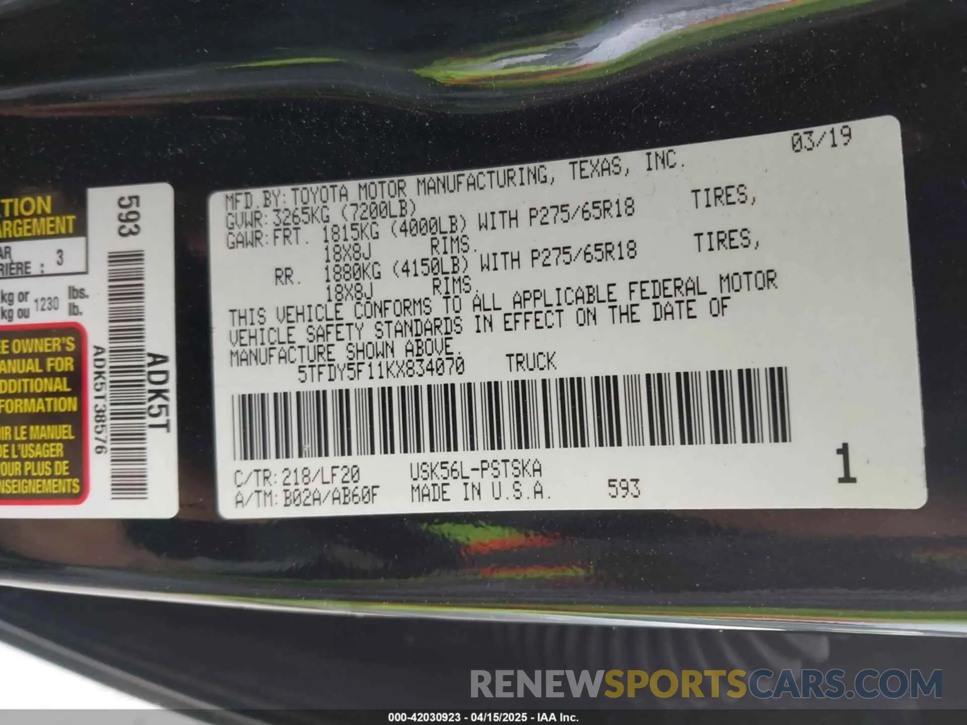 9 fotografías del automóvil dañado 5TFDY5F11KX834070 TOYOTA TUNDRA 2019
