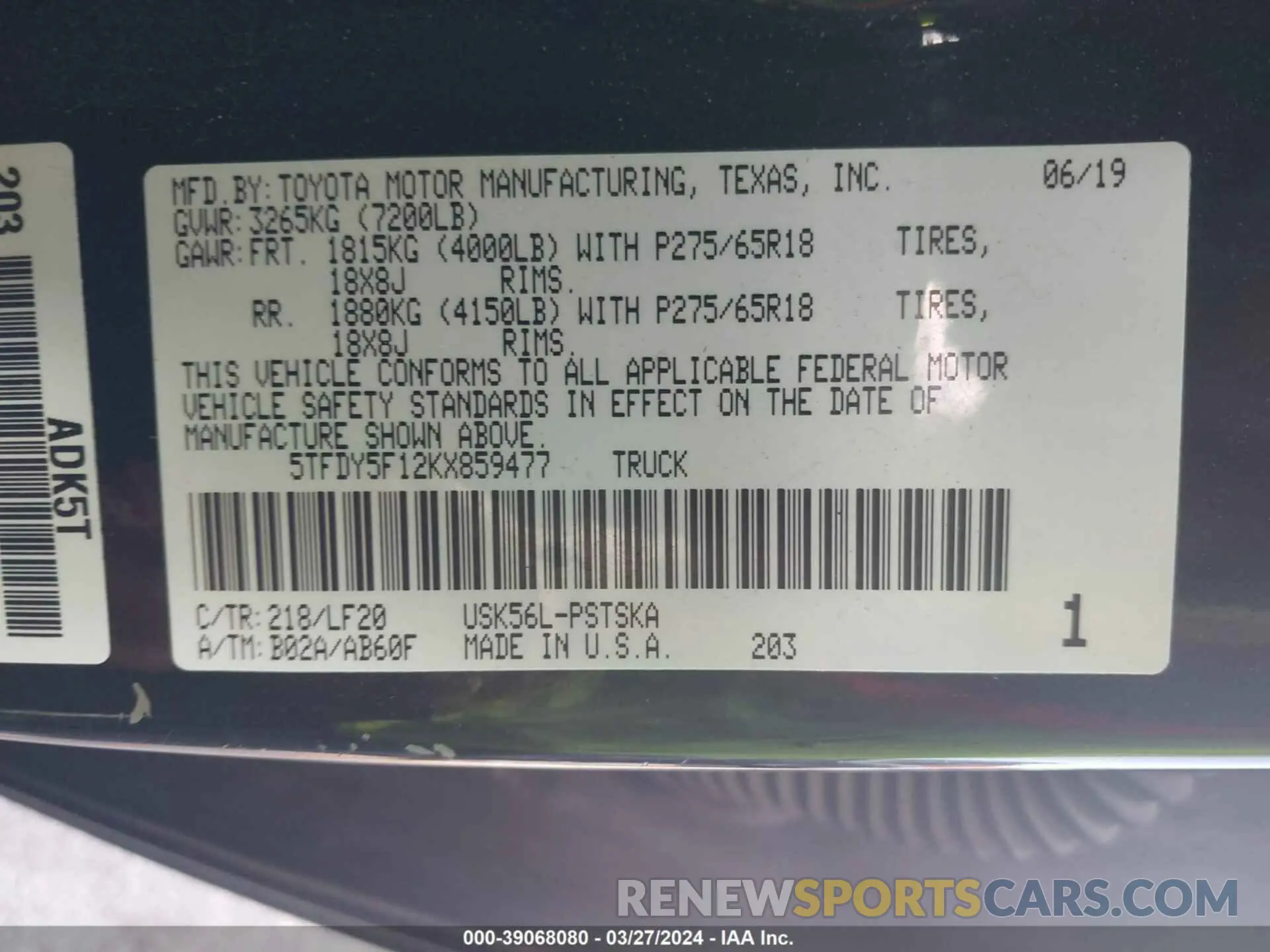 9 fotografías del automóvil dañado 5TFDY5F12KX859477 TOYOTA TUNDRA 2019