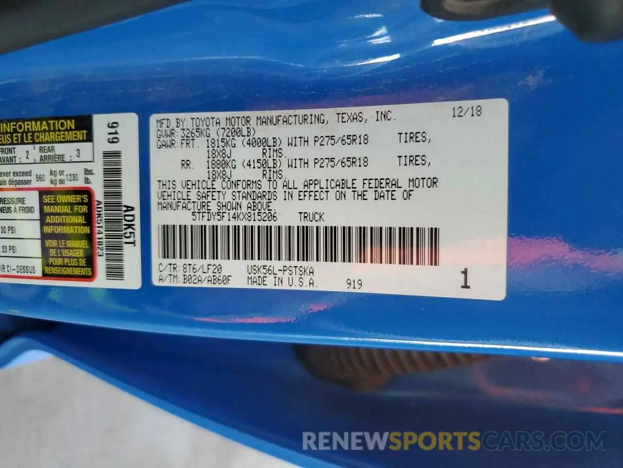 12 fotografías del automóvil dañado 5TFDY5F14KX815206 TOYOTA TUNDRA 2019
