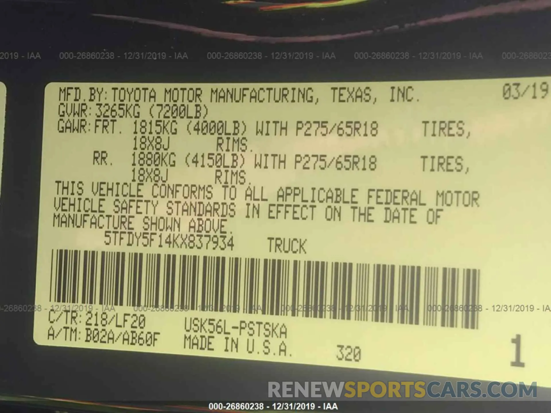 9 fotografías del automóvil dañado 5TFDY5F14KX837934 TOYOTA TUNDRA 2019