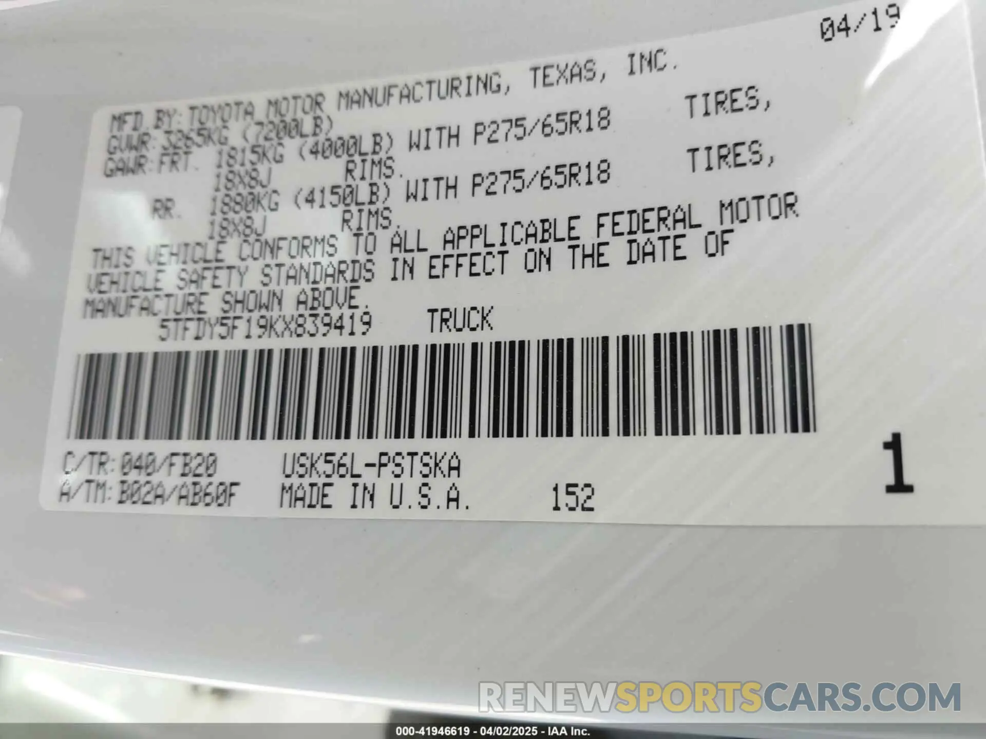 9 fotografías del automóvil dañado 5TFDY5F19KX839419 TOYOTA TUNDRA 2019