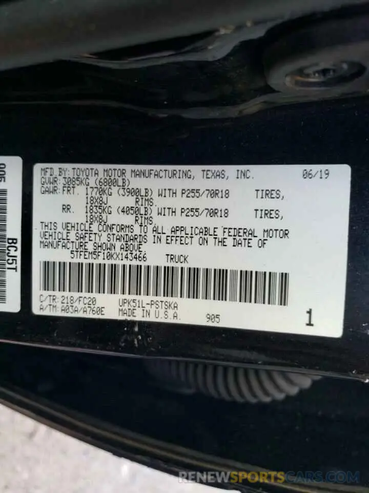 10 fotografías del automóvil dañado 5TFEM5F10KX143466 TOYOTA TUNDRA 2019
