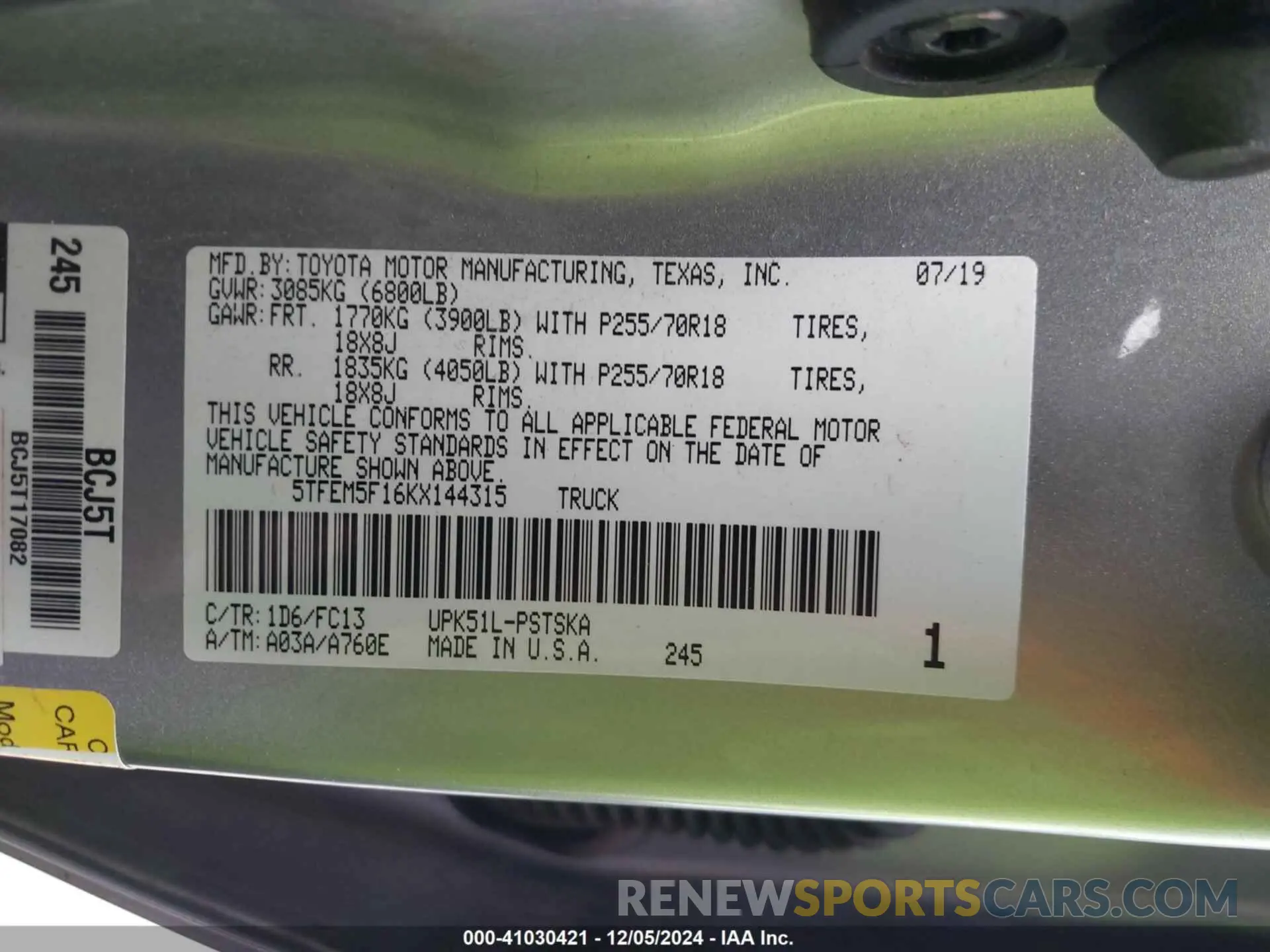 9 fotografías del automóvil dañado 5TFEM5F16KX144315 TOYOTA TUNDRA 2019
