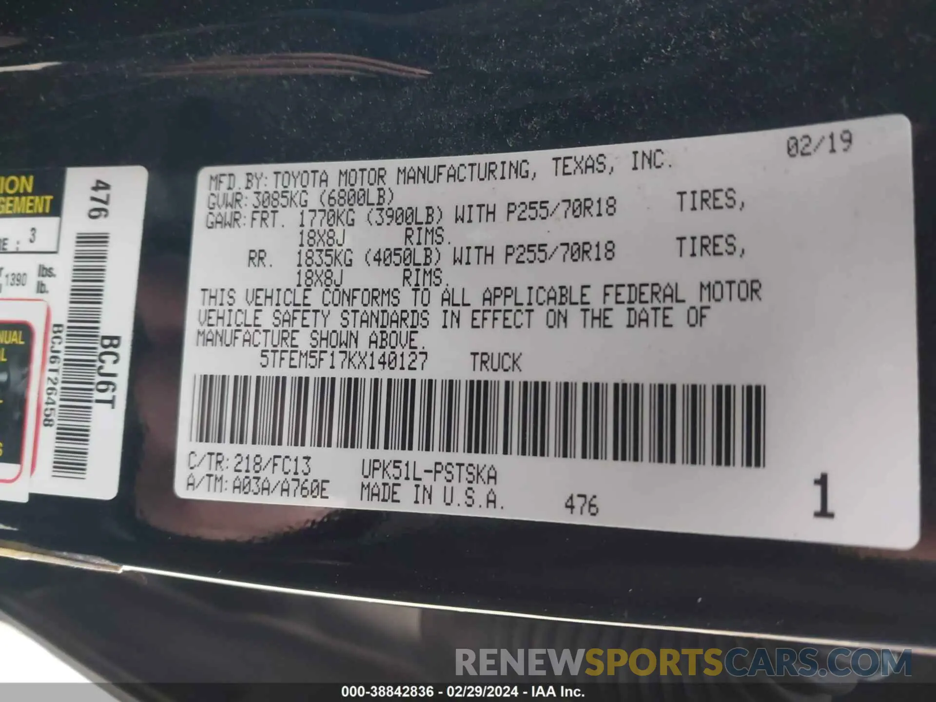9 fotografías del automóvil dañado 5TFEM5F17KX140127 TOYOTA TUNDRA 2019