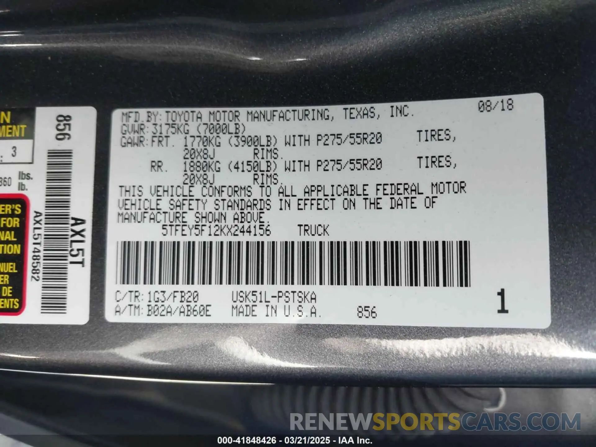 9 fotografías del automóvil dañado 5TFEY5F12KX244156 TOYOTA TUNDRA 2019