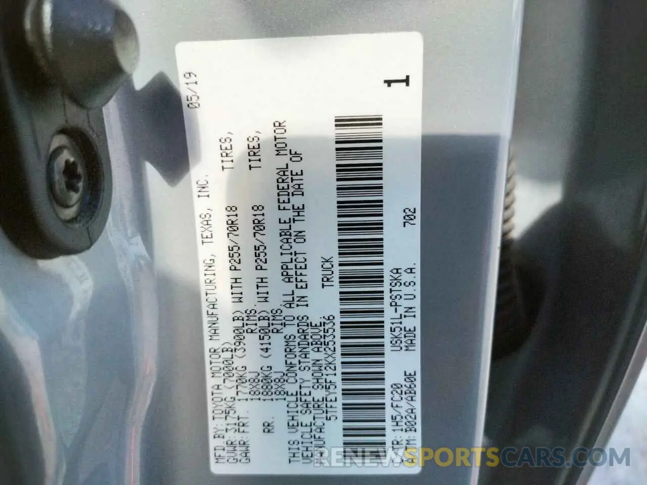 10 fotografías del automóvil dañado 5TFEY5F12KX253536 TOYOTA TUNDRA 2019