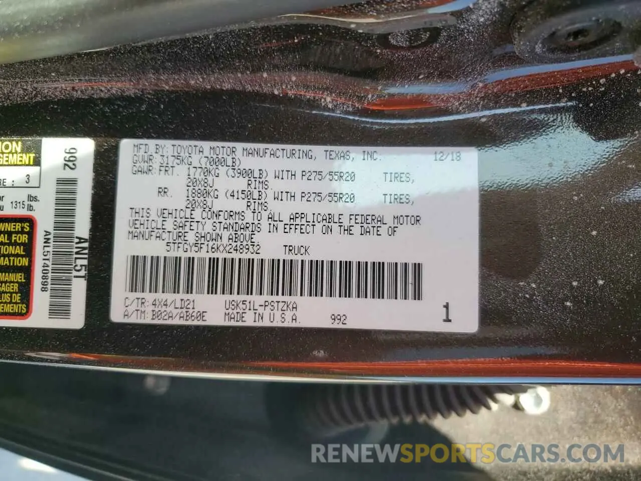 12 fotografías del automóvil dañado 5TFGY5F16KX248932 TOYOTA TUNDRA 2019