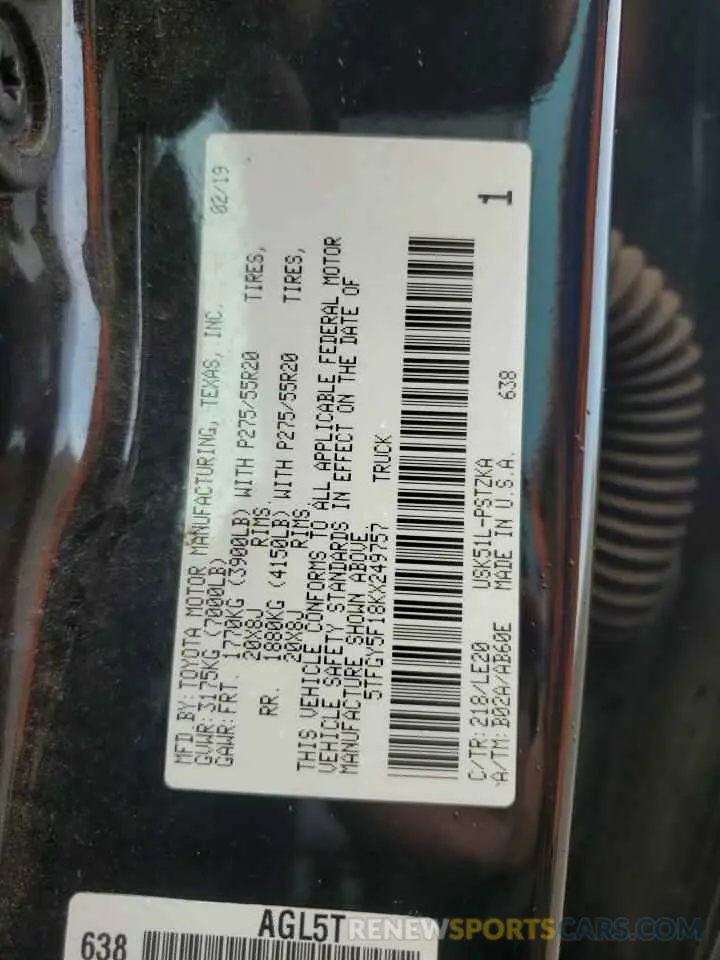 12 fotografías del automóvil dañado 5TFGY5F18KX249757 TOYOTA TUNDRA 2019