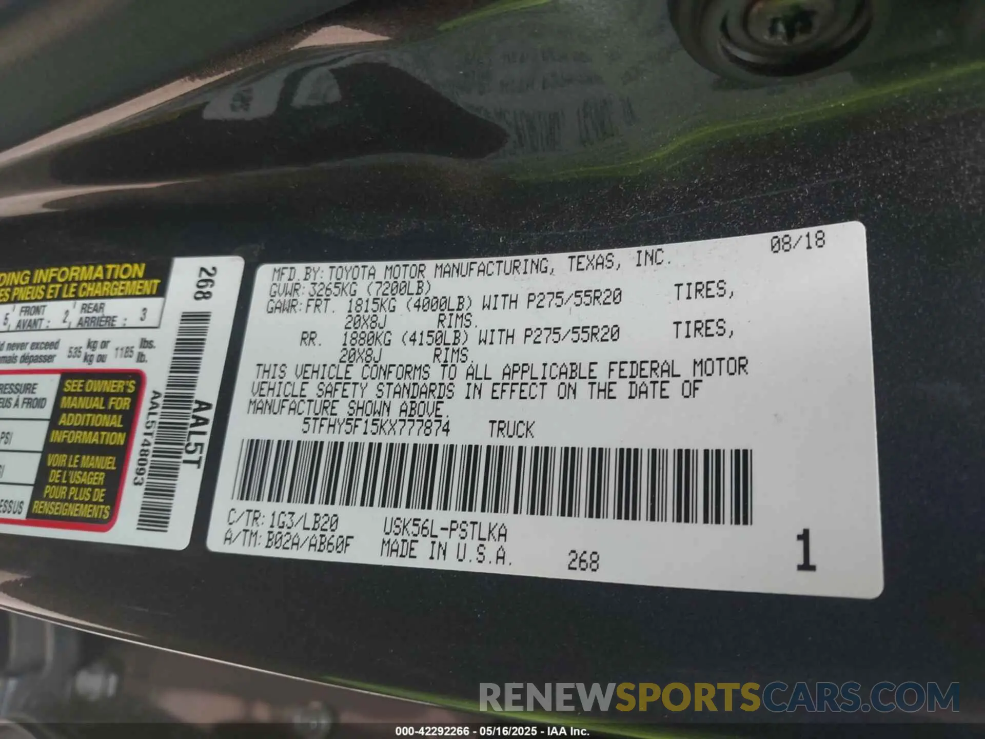 9 fotografías del automóvil dañado 5TFHY5F15KX777874 TOYOTA TUNDRA 2019
