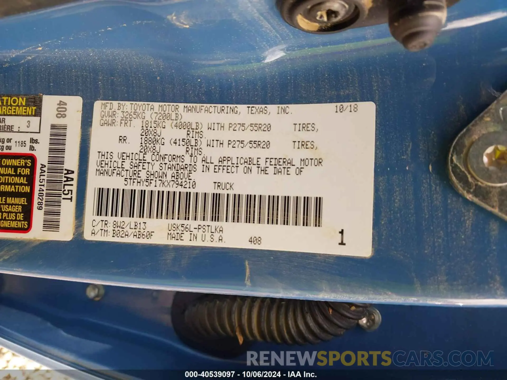 9 fotografías del automóvil dañado 5TFHY5F17KX794210 TOYOTA TUNDRA 2019