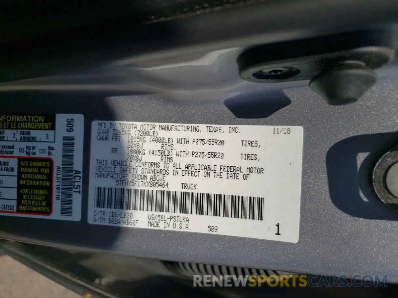 10 fotografías del automóvil dañado 5TFHY5F17KX805464 TOYOTA TUNDRA 2019