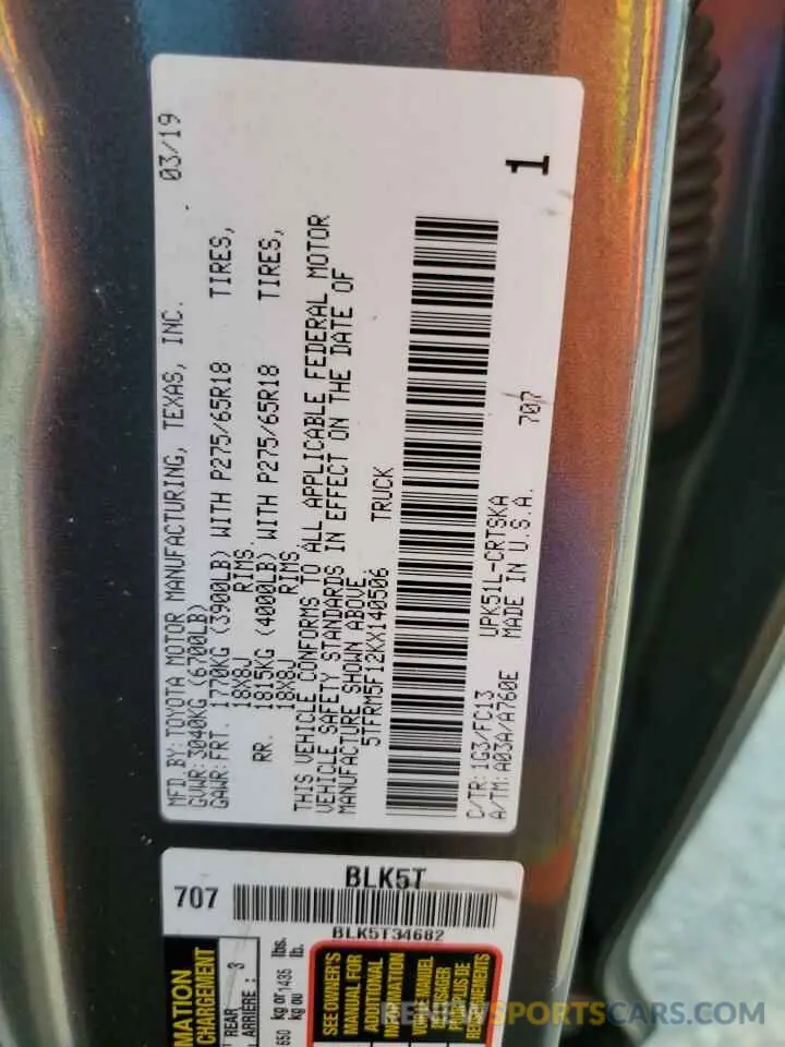 12 fotografías del automóvil dañado 5TFRM5F12KX140506 TOYOTA TUNDRA 2019