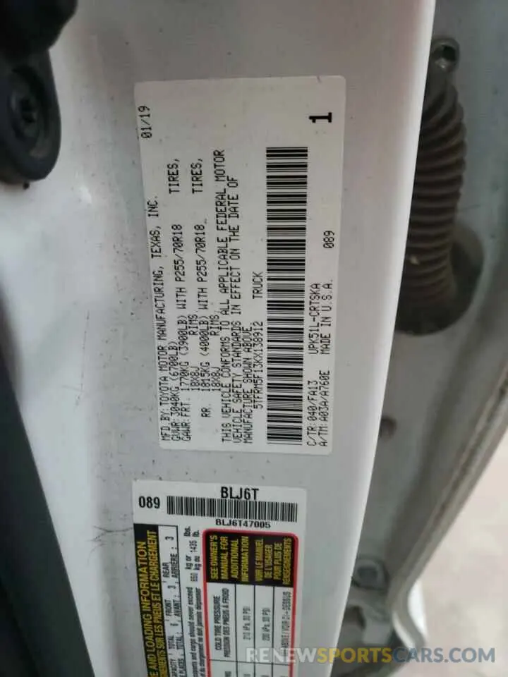 10 fotografías del automóvil dañado 5TFRM5F13KX138912 TOYOTA TUNDRA 2019