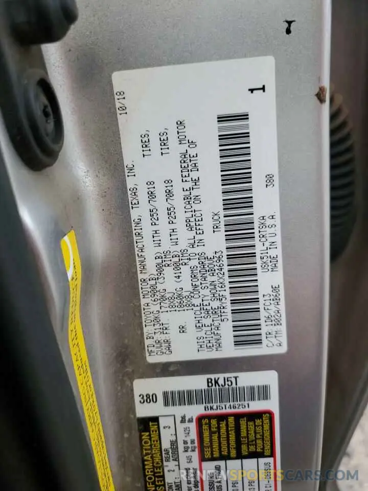 12 fotografías del automóvil dañado 5TFRY5F16KX246963 TOYOTA TUNDRA 2019
