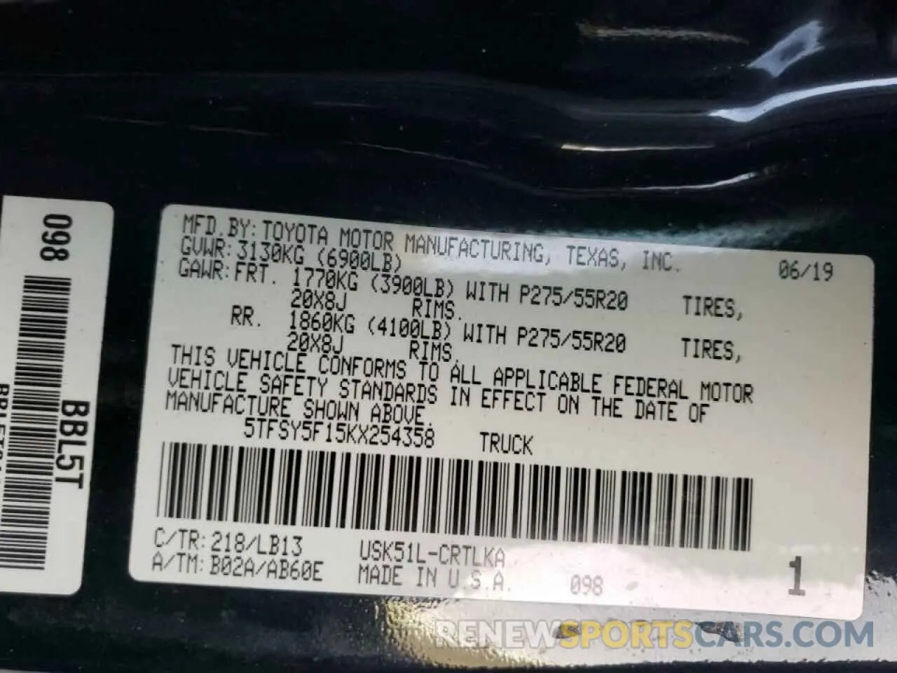 10 fotografías del automóvil dañado 5TFSY5F15KX254358 TOYOTA TUNDRA 2019