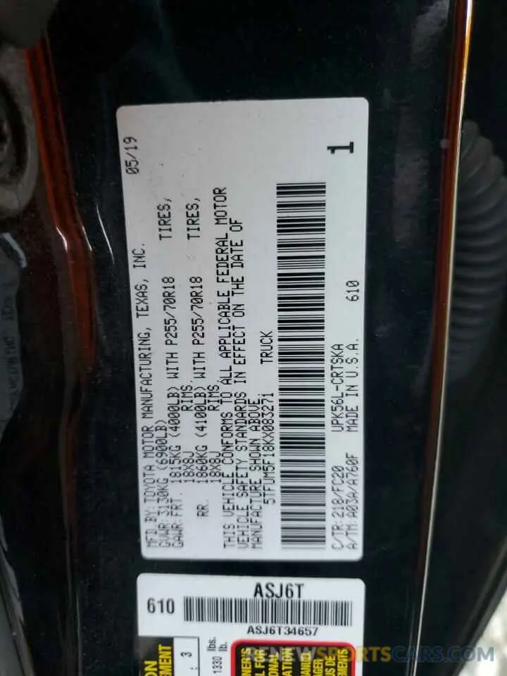 12 fotografías del automóvil dañado 5TFUM5F18KX083271 TOYOTA TUNDRA 2019