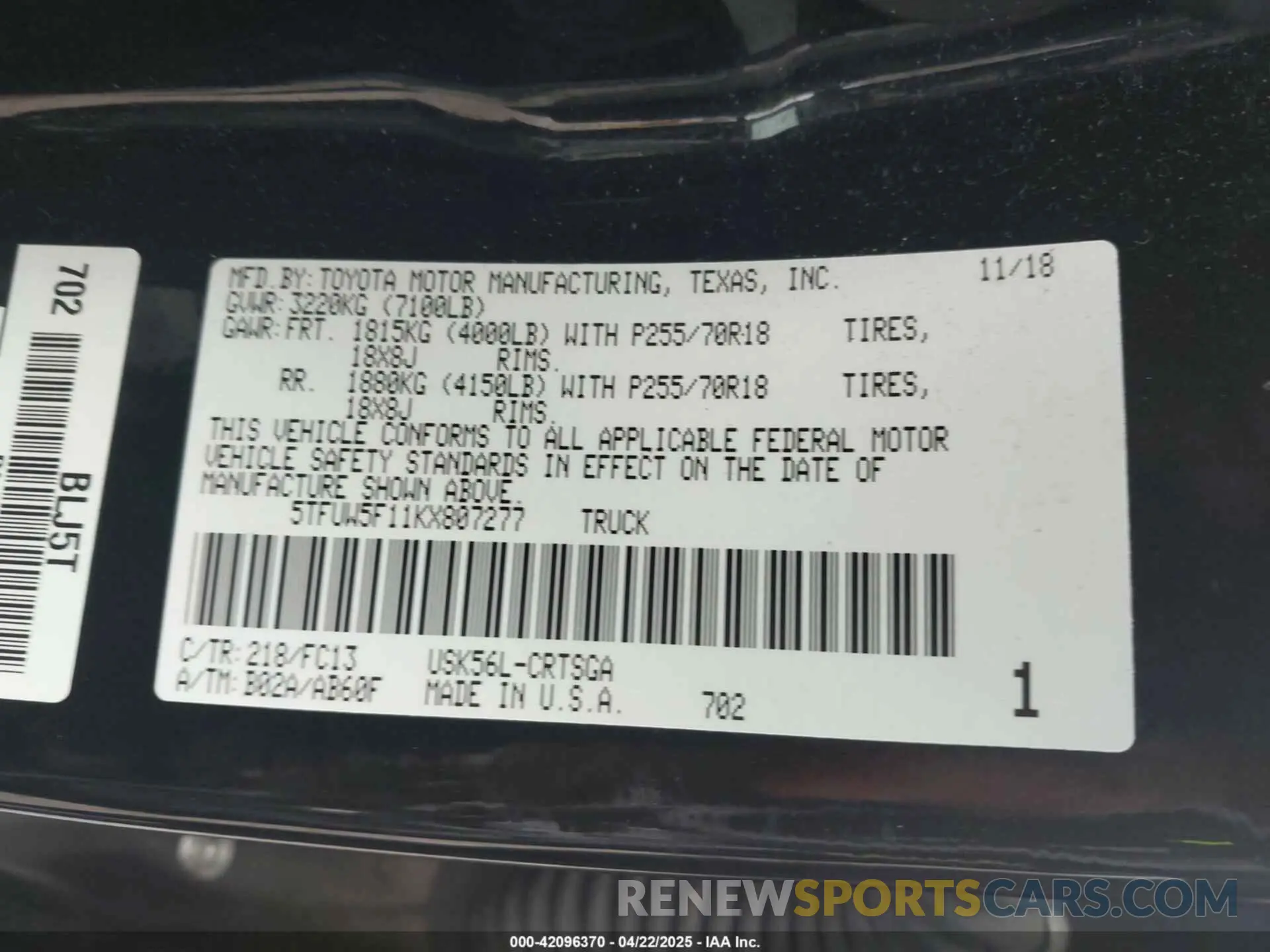 9 fotografías del automóvil dañado 5TFUW5F11KX807277 TOYOTA TUNDRA 2019