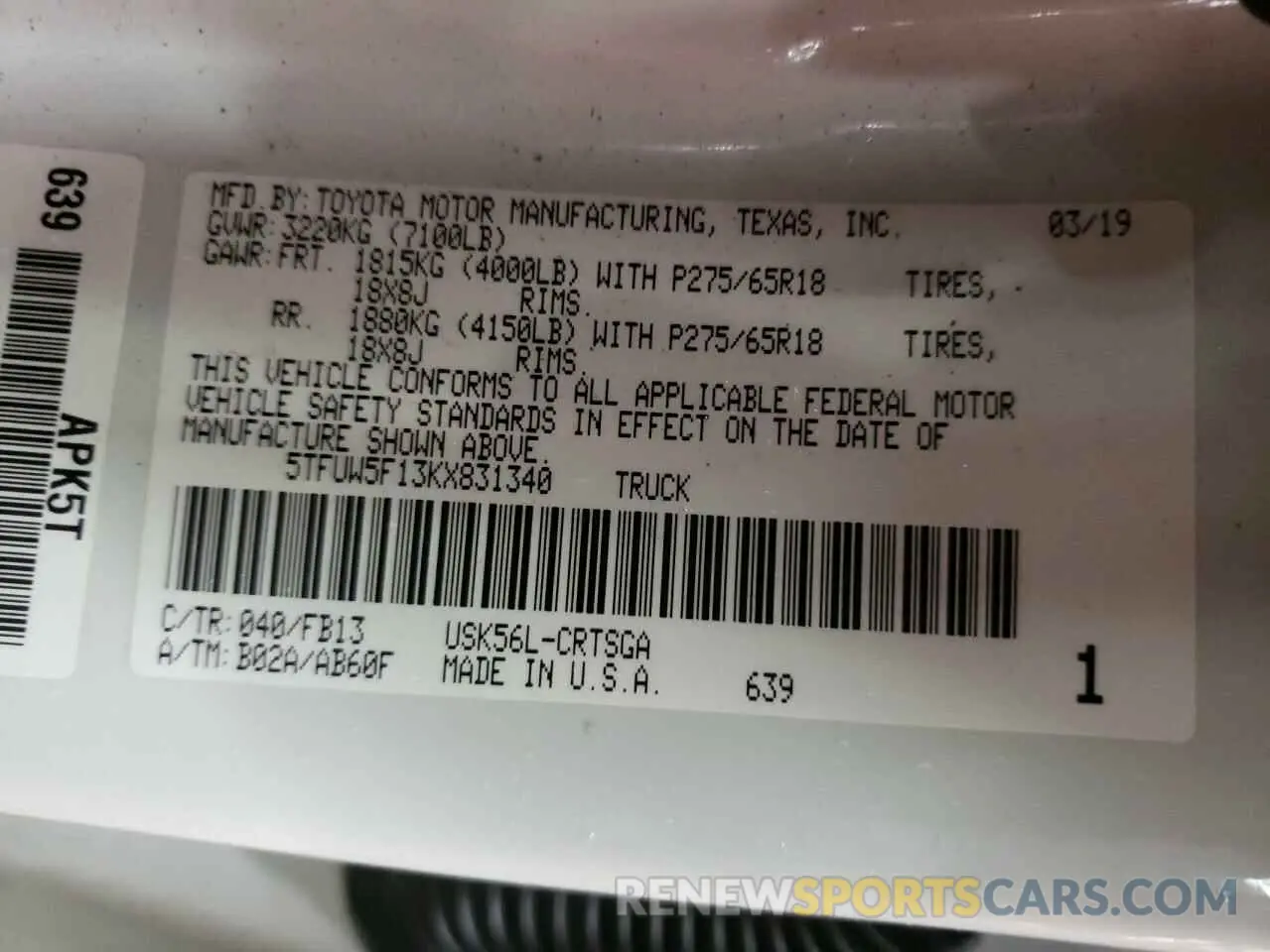 10 fotografías del automóvil dañado 5TFUW5F13KX831340 TOYOTA TUNDRA 2019