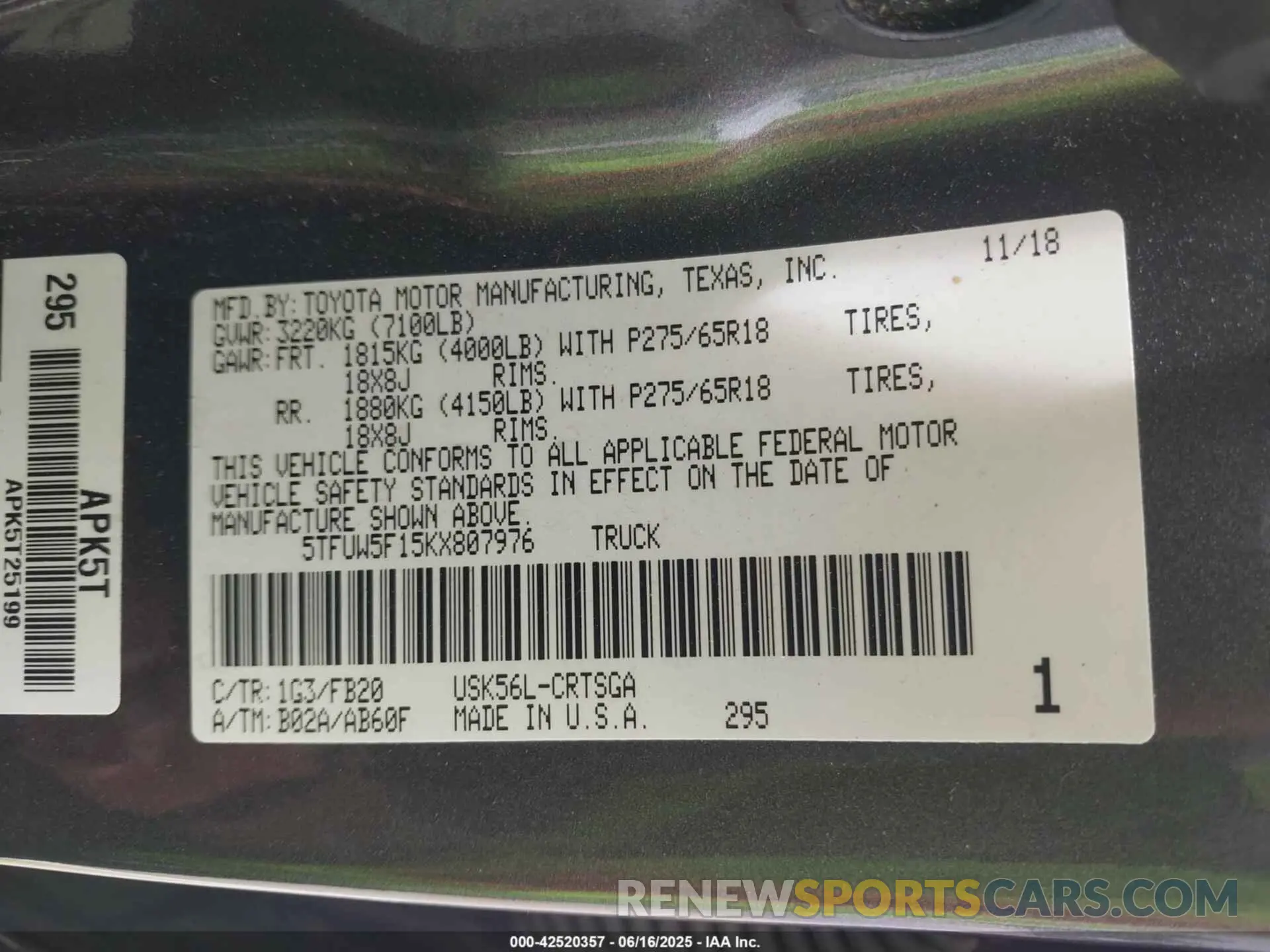 9 fotografías del automóvil dañado 5TFUW5F15KX807976 TOYOTA TUNDRA 2019