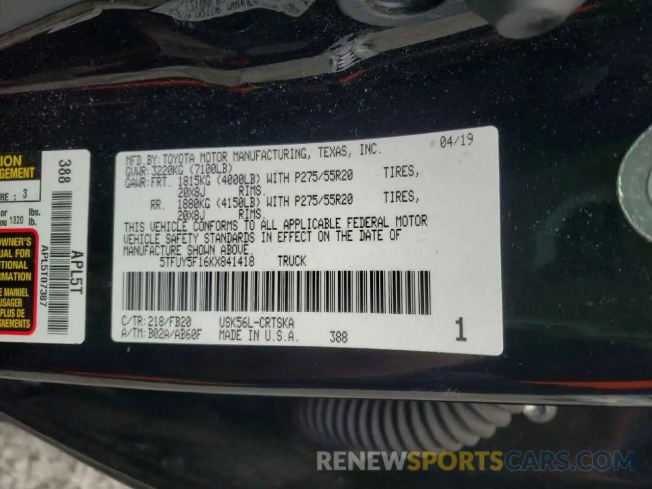 10 fotografías del automóvil dañado 5TFUY5F16KX841418 TOYOTA TUNDRA 2019