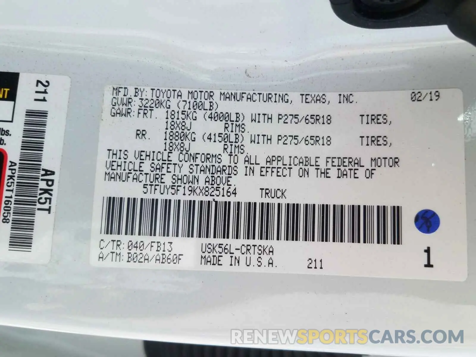 10 fotografías del automóvil dañado 5TFUY5F19KX825164 TOYOTA TUNDRA 2019