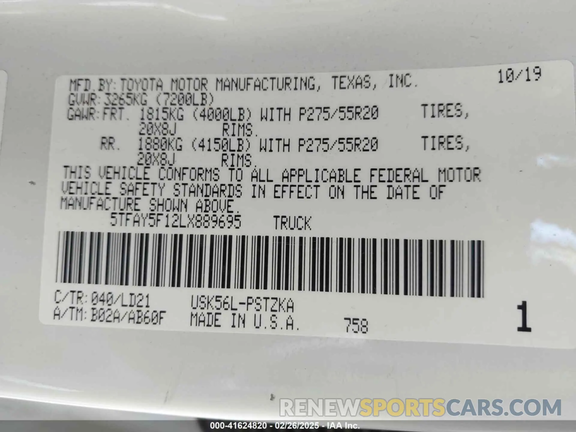 9 fotografías del automóvil dañado 5TFAY5F12LX889695 TOYOTA TUNDRA 2020