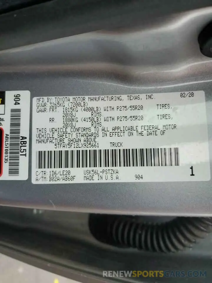 13 fotografías del automóvil dañado 5TFAY5F12LX925661 TOYOTA TUNDRA 2020