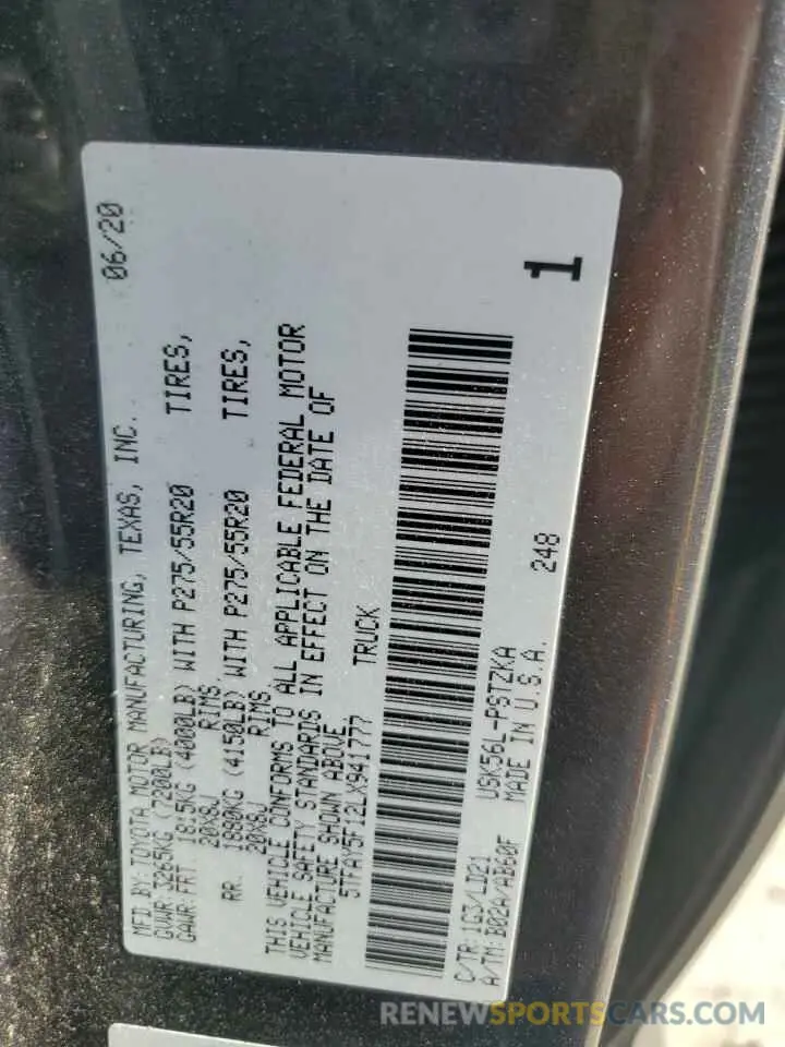 12 fotografías del automóvil dañado 5TFAY5F12LX941777 TOYOTA TUNDRA 2020