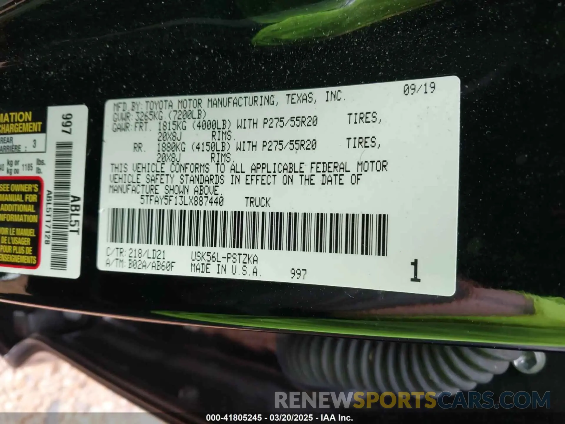 9 fotografías del automóvil dañado 5TFAY5F13LX887440 TOYOTA TUNDRA 2020