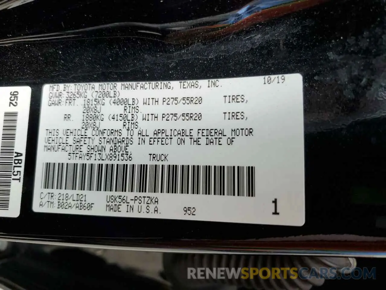 12 fotografías del automóvil dañado 5TFAY5F13LX891536 TOYOTA TUNDRA 2020