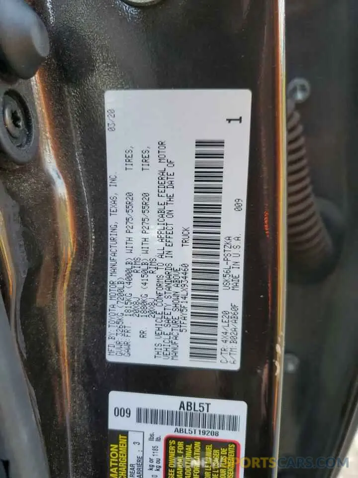 12 fotografías del automóvil dañado 5TFAY5F14LX934460 TOYOTA TUNDRA 2020