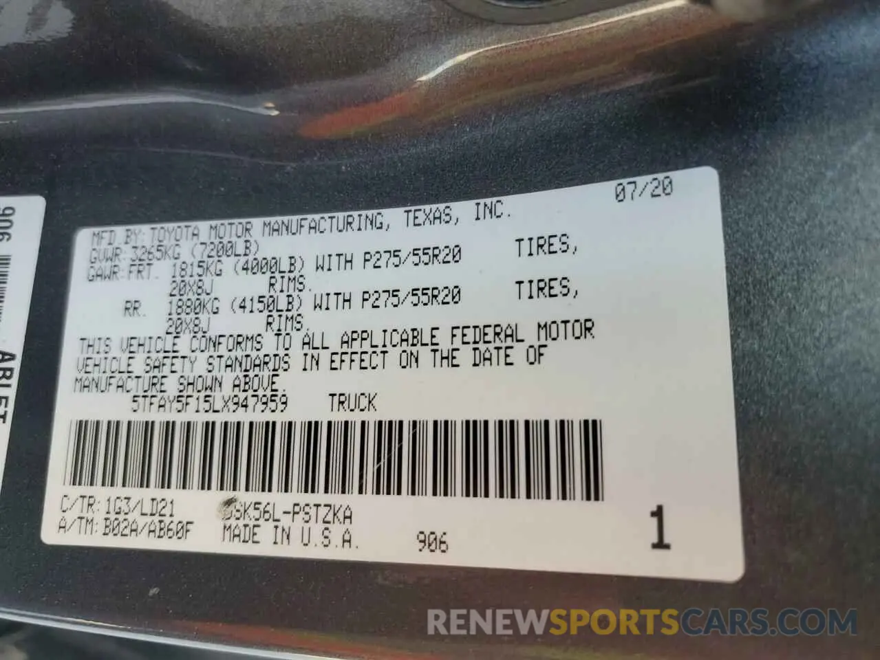 12 fotografías del automóvil dañado 5TFAY5F15LX947959 TOYOTA TUNDRA 2020