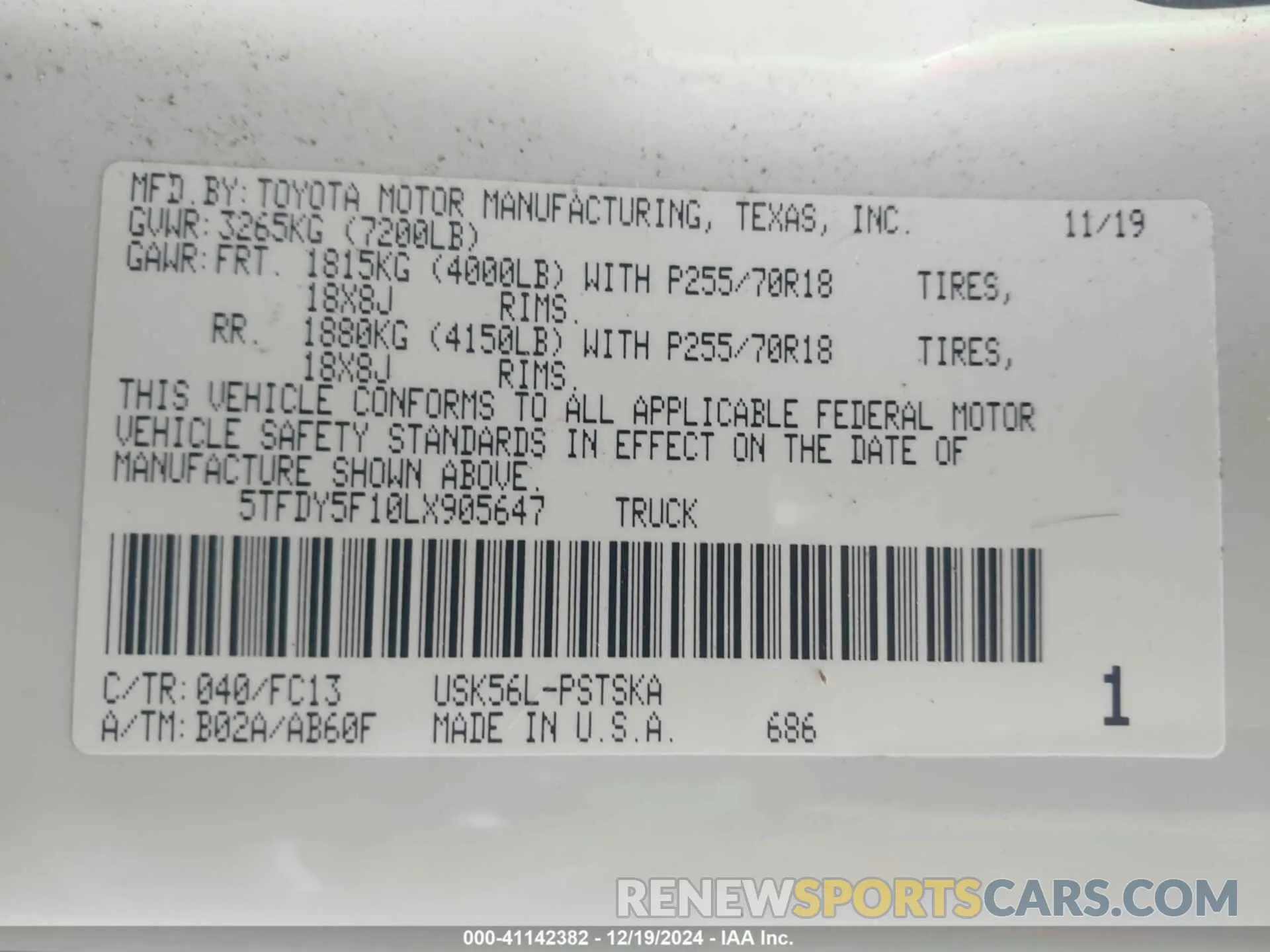 9 fotografías del automóvil dañado 5TFDY5F10LX905647 TOYOTA TUNDRA 2020