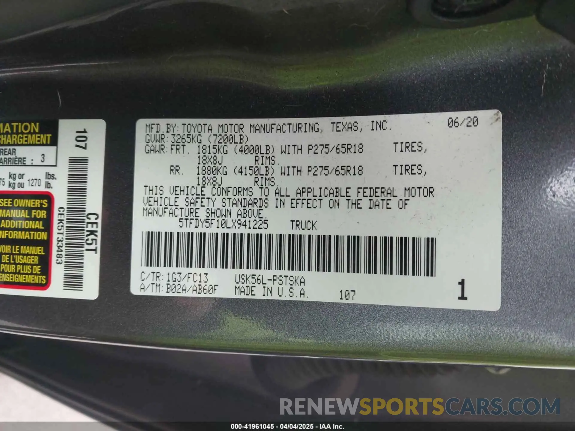 9 fotografías del automóvil dañado 5TFDY5F10LX941225 TOYOTA TUNDRA 2020