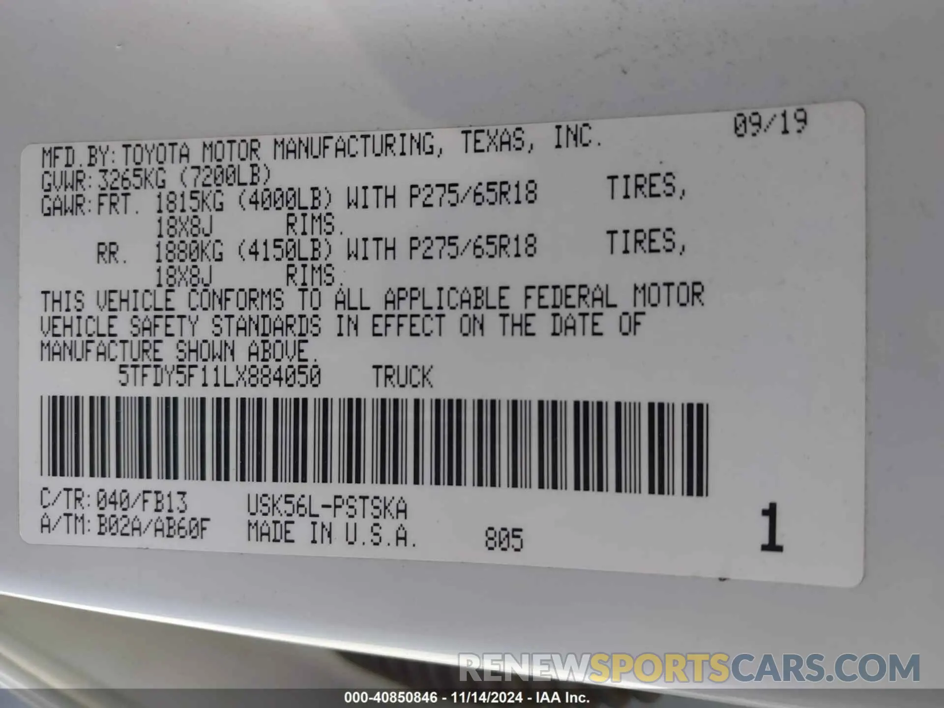 9 fotografías del automóvil dañado 5TFDY5F11LX884050 TOYOTA TUNDRA 2020