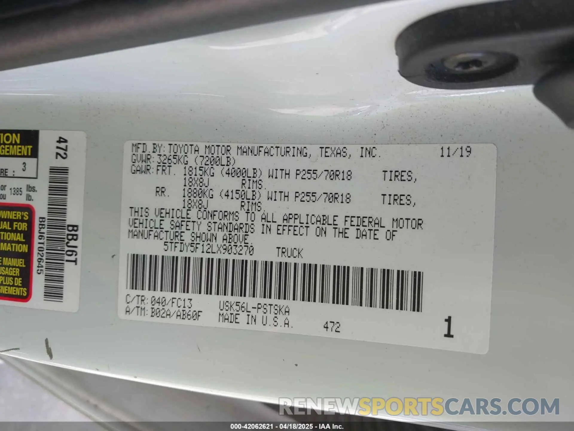 9 fotografías del automóvil dañado 5TFDY5F12LX903270 TOYOTA TUNDRA 2020