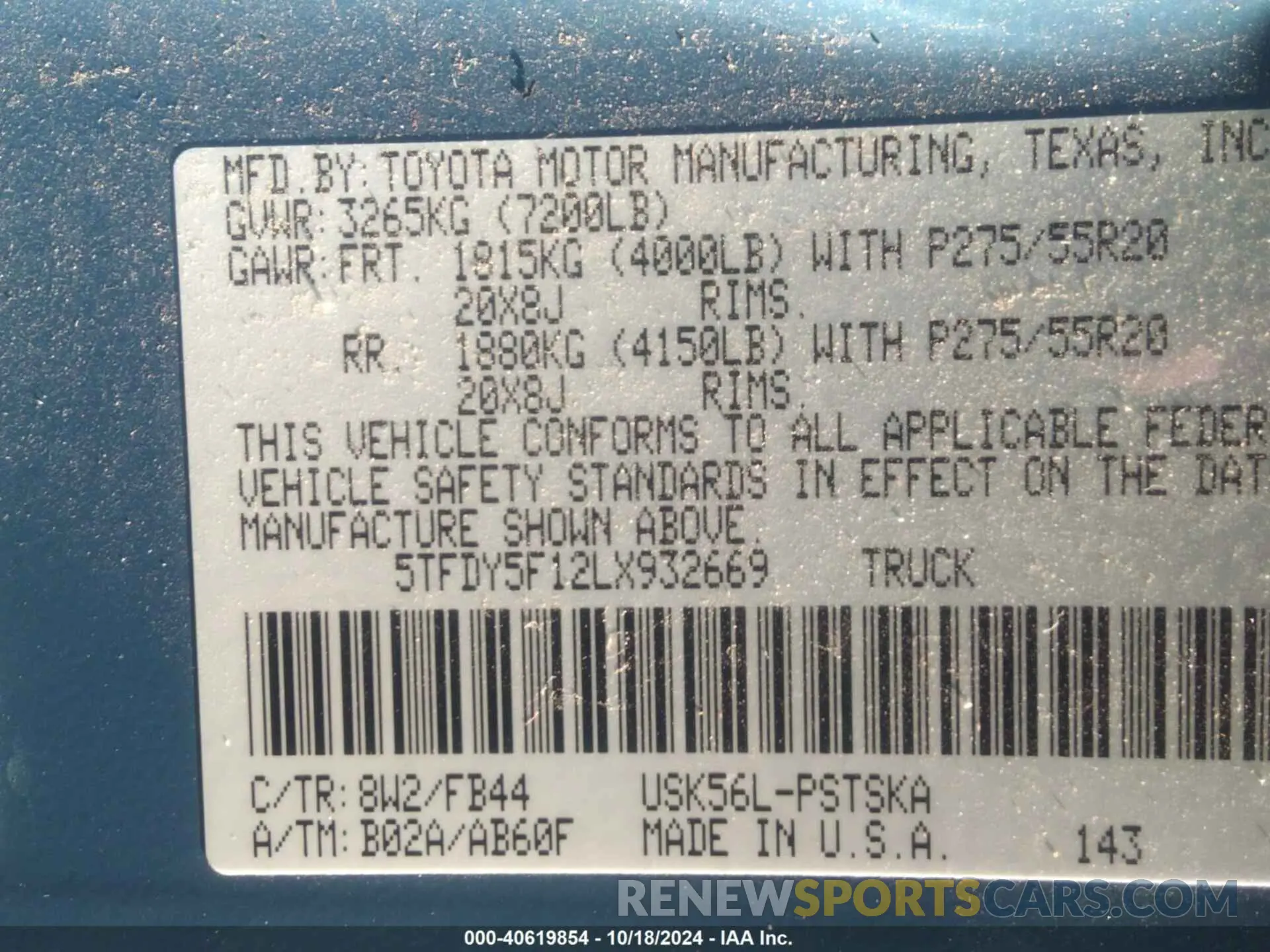 9 fotografías del automóvil dañado 5TFDY5F12LX932669 TOYOTA TUNDRA 2020