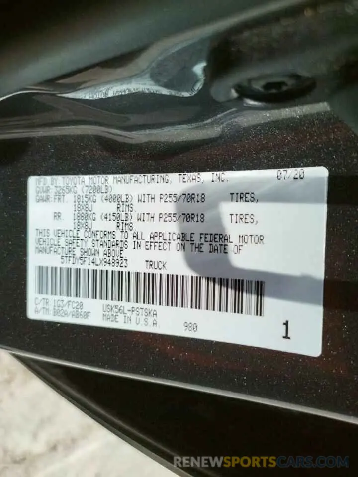 10 fotografías del automóvil dañado 5TFDY5F14LX948923 TOYOTA TUNDRA 2020