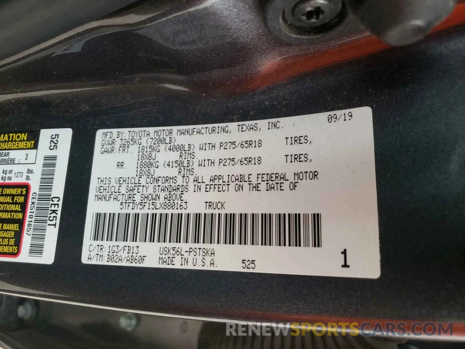 10 fotografías del automóvil dañado 5TFDY5F15LX880163 TOYOTA TUNDRA 2020